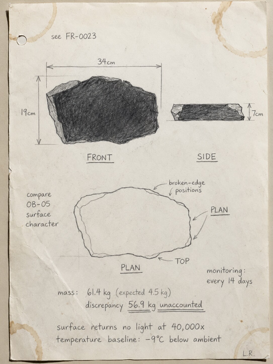 A page from a Lapidary representative's field notebook. The fragment documented here is OB-07 in its solid state — pencil drawings from three views, with mass and dimension notations. The page bears no date. The Lapidary representative who made these observations is identifiable only by initials in the lower corner.